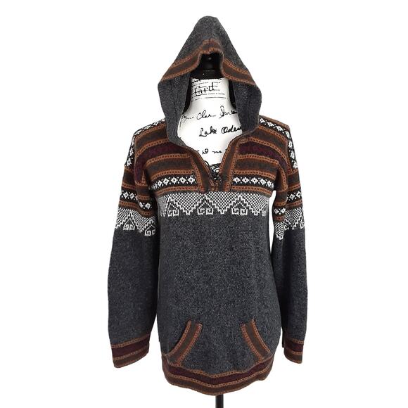 Vintage Peruvian Alpaca Sweater Hooded Pullover Aztec Gray Tribal Nordic - Picture 3 of 9